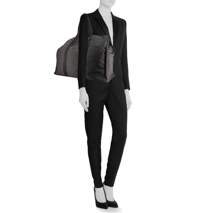 Sac cabas Hermes Toto Bag - Shop Bag grand modèle en toile grise et noire - Detail D1