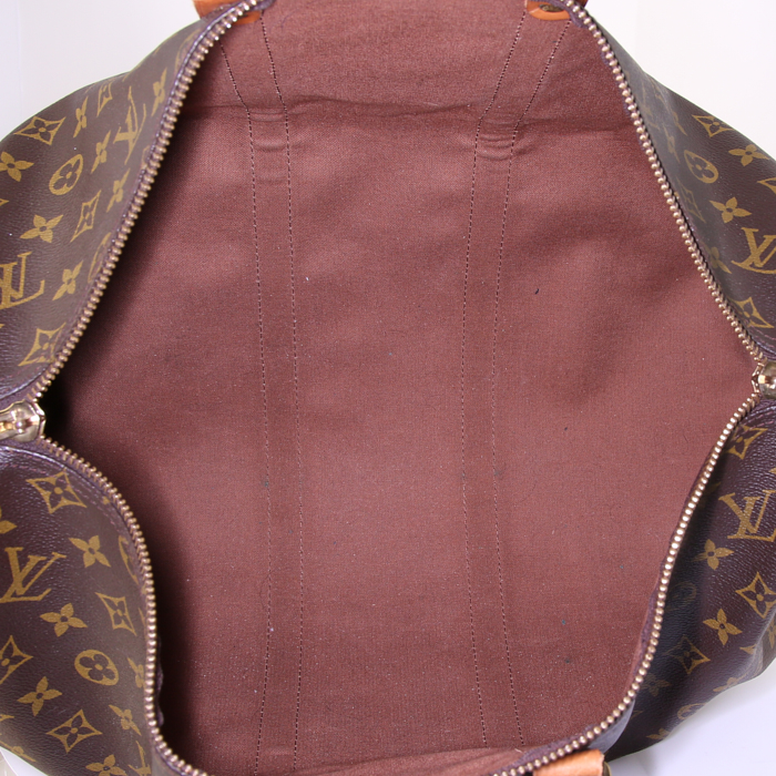 Borsa da viaggio Louis Vuitton Keepall 45 in tela monogram marrone e pelle naturale - Detail D2