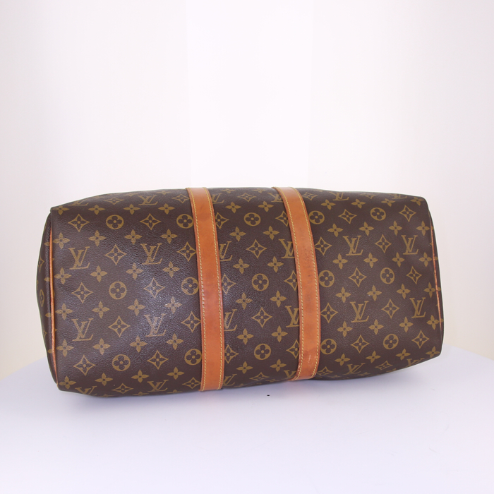 Borsa da viaggio Louis Vuitton Keepall 45 in tela monogram marrone e pelle naturale - Detail D4