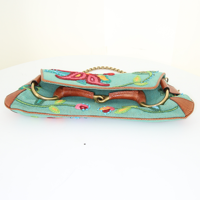 Gucci Mors handbag in green canvas and brown leather - Detail D4