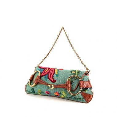 Borsa Gucci Mors in tela verde acqua a fiori e pelle marrone