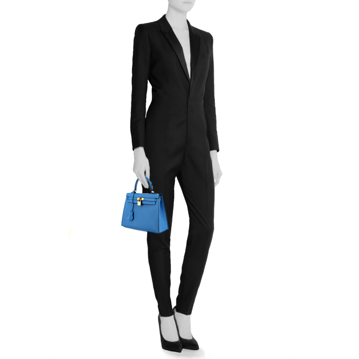 Sac bandoulière Hermes Kelly 25 cm en cuir bleu - Detail D1