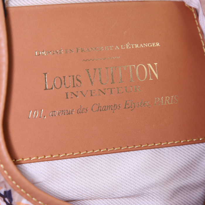 Borsa da spalla o a mano Louis Vuitton Bulles in tela monogram beige e blu marino, pelle naturale - Detail D3