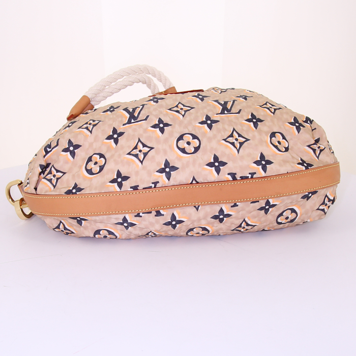 Borsa da spalla o a mano Louis Vuitton Bulles in tela monogram beige e blu marino, pelle naturale - Detail D4