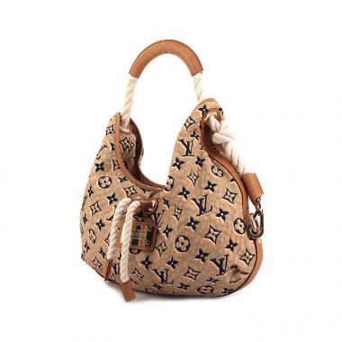 Bolso para llevar al hombro o en la mano Louis Vuitton Bulles en lona Monogram beige y azul marino, cuero natural