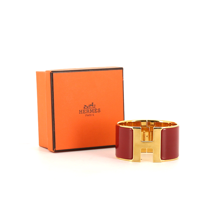 Brazalete que se puede abrir Hermes Clic Clac modelo grande en oro chapado y esmalte rojo - Detail D2