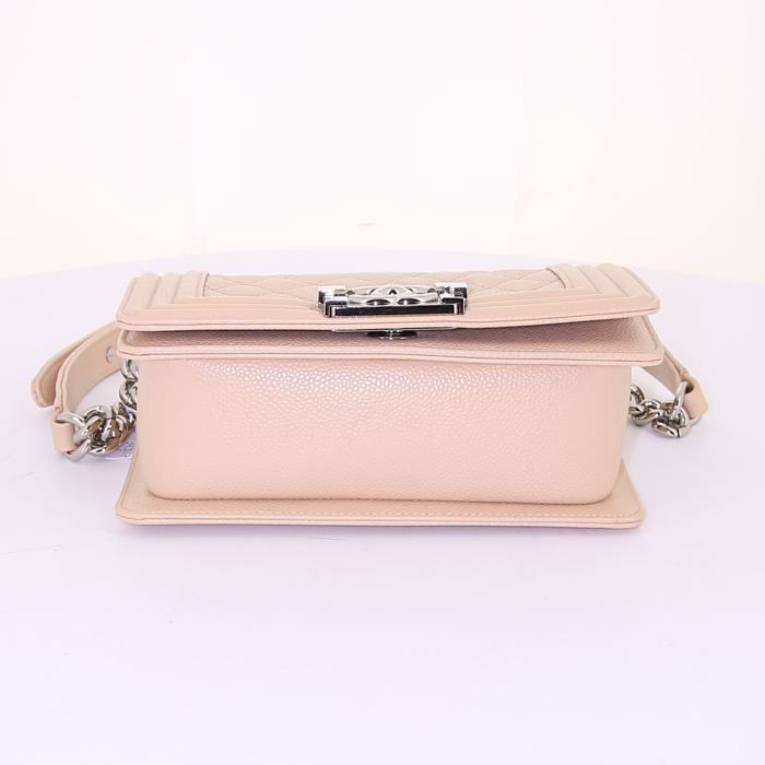 Borsa a tracolla Chanel Mini Boy modello piccolo in pelle martellata e trapuntata beige - Detail D5