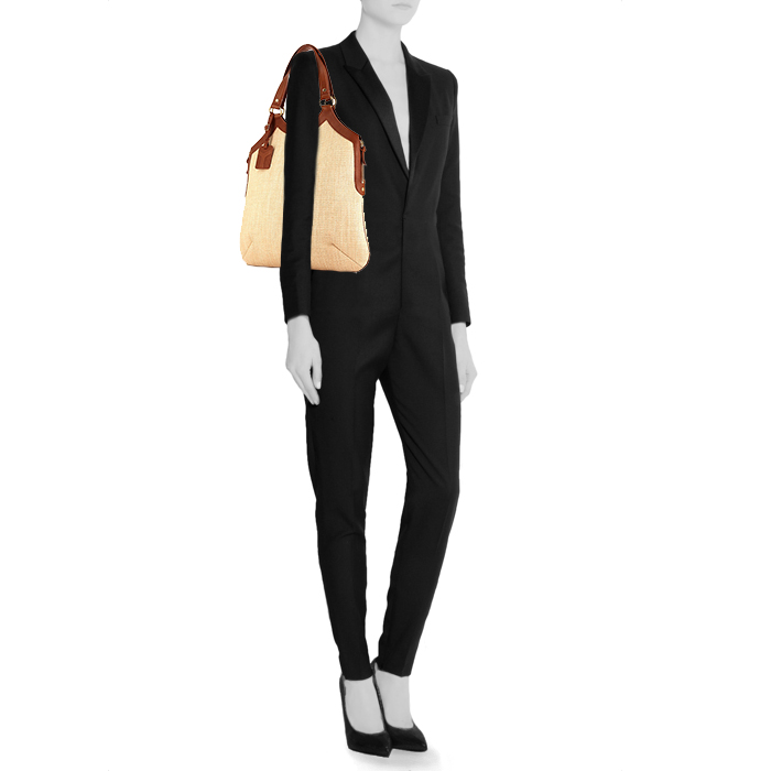 Yves Saint Laurent Tribute shopping bag in beige raphia and brown leather - Detail D1