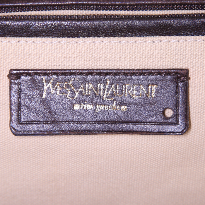 Yves Saint Laurent Tribute shopping bag in beige raphia and brown leather - Detail D3