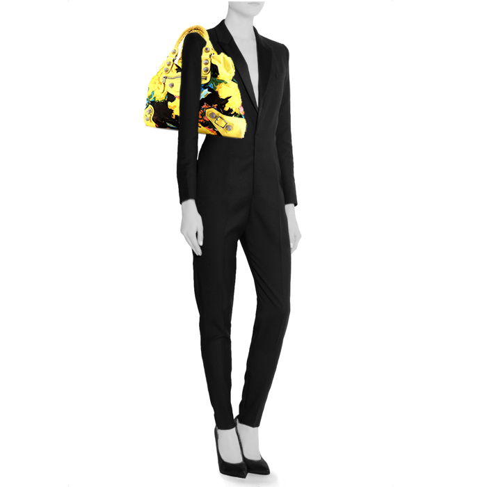 Borsa Balenciaga Velo in tela gialla e nera con motivo e pelle gialla - Detail D1