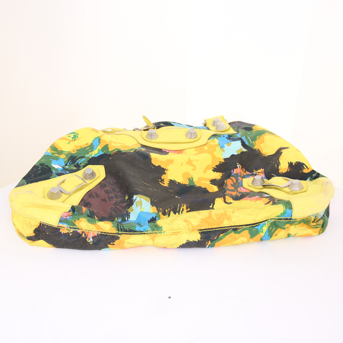 Bolso de mano Balenciaga Velo en lona amarilla y negra y cuero amarillo - Detail D4