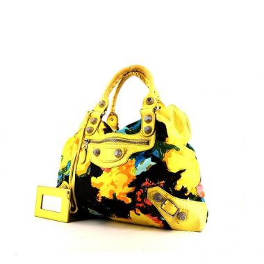 Bolso de mano Balenciaga Velo en lona amarilla y negra y cuero amarillo