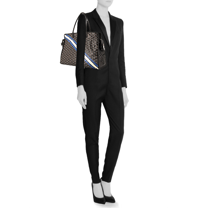 Sac de voyage Goyard Hardy en toile monogram enduite noire bleue et blanche et cuir noir - Detail D1