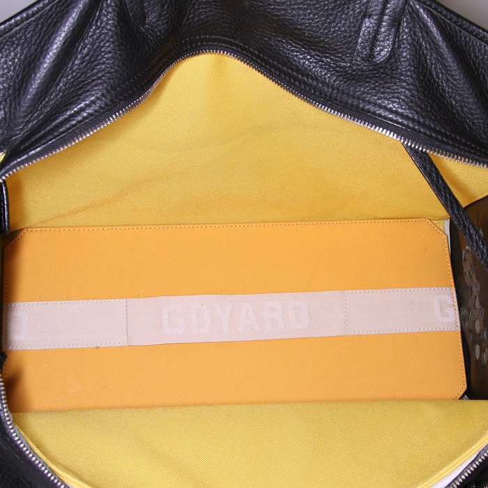 Sac de voyage Goyard Hardy en toile monogram enduite noire bleue et blanche et cuir noir - Detail D2