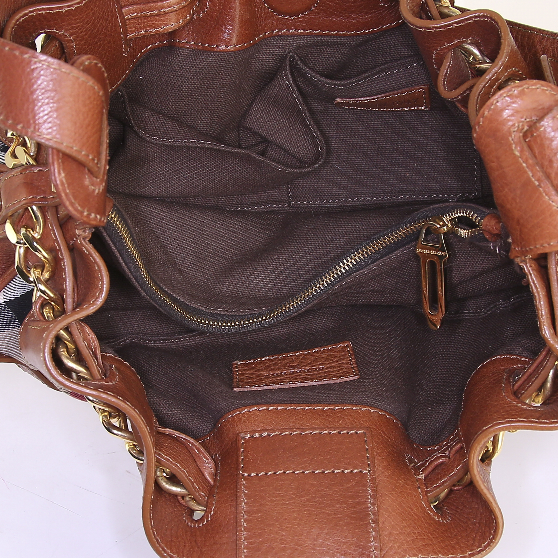 Burberry handbag in brown Haymarket canvas and brown leather - Detail D2