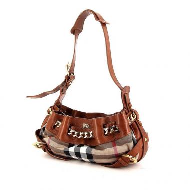 Bolso de mano Burberry en lona Haymarket marrón y cuero marrón
