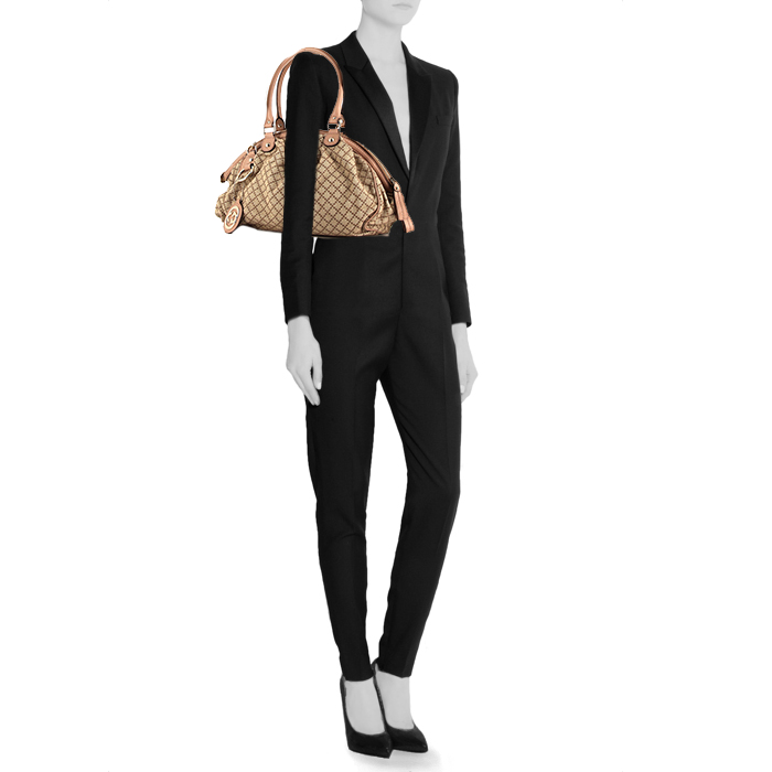 Borsa da spalla o a mano Gucci Sukey modello piccolo in tela beige e pelle beige rosato - Detail D1