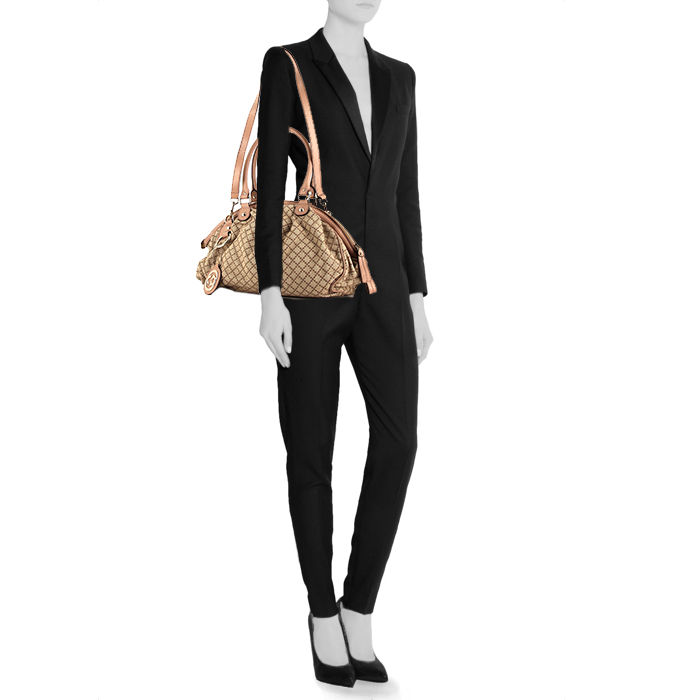 Borsa da spalla o a mano Gucci Sukey modello piccolo in tela beige e pelle beige rosato - Detail D2