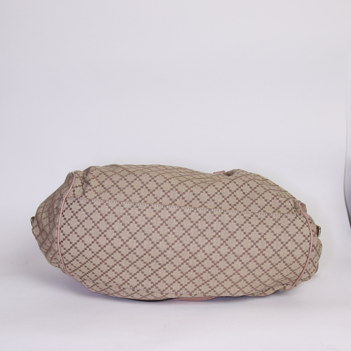 Borsa da spalla o a mano Gucci Sukey modello piccolo in tela beige e pelle beige rosato - Detail D5