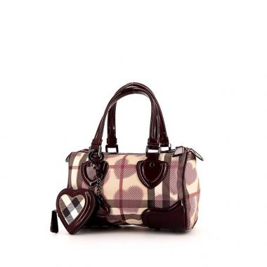 Sac à main Burberry Heart Check en toile Haymarket beige et bordeaux et cuir vernis bordeaux