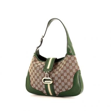 Bolso para llevar al hombro o en la mano Gucci Gucci Vintage en lona Monogram beige y cuero verde