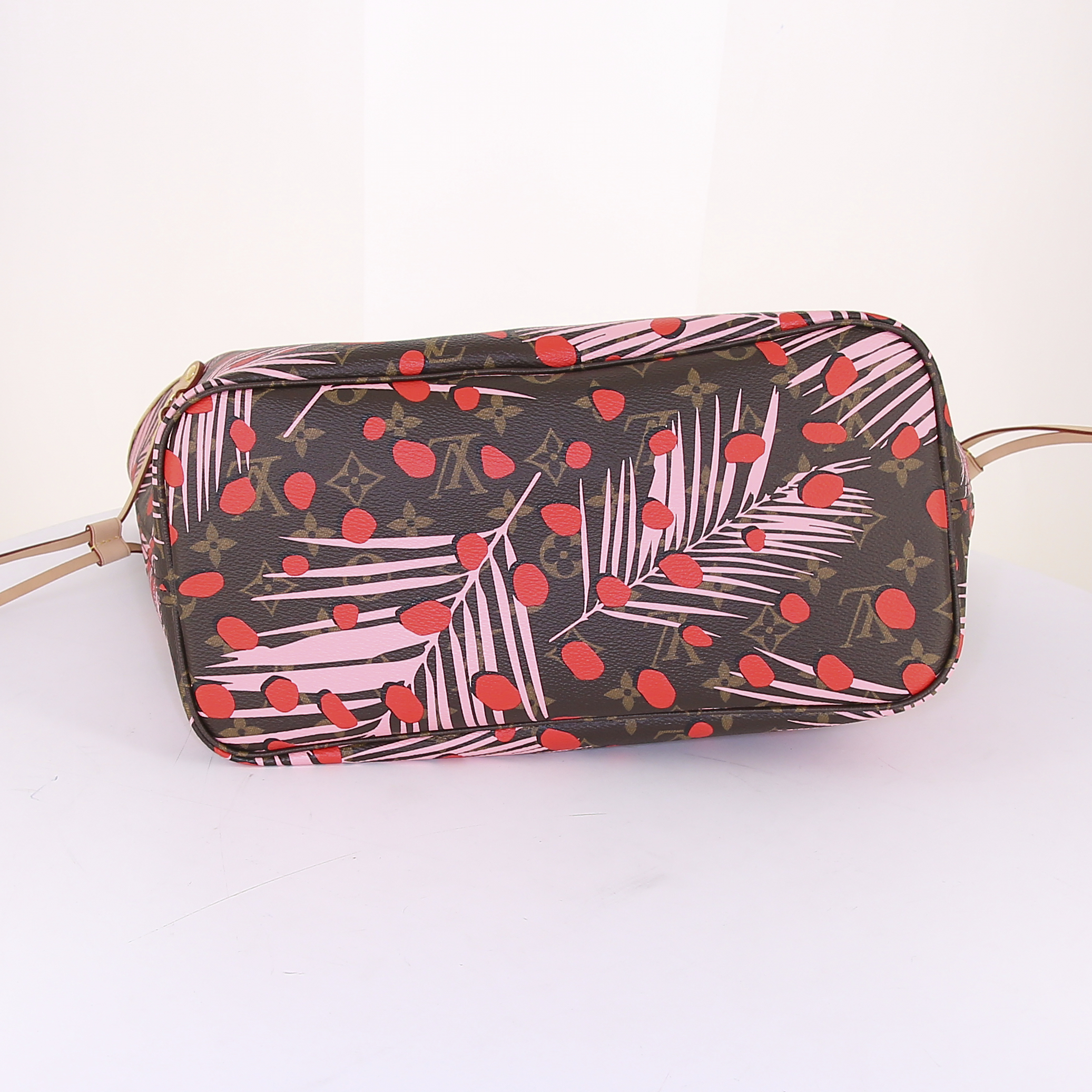 Shopping bag Louis Vuitton Neverfull modello medio in tela monogram marrone a fiori e pelle naturale - Detail D4