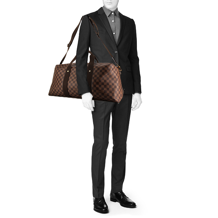 Bolsa de viaje Louis Vuitton Weekender Beaubourg en lona a cuadros revestida marrón y cuero esmaltado marrón - Detail D1