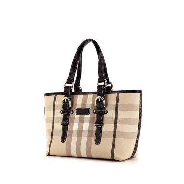 Sac à main Burberry en toile Haymarket beige et cuir marron