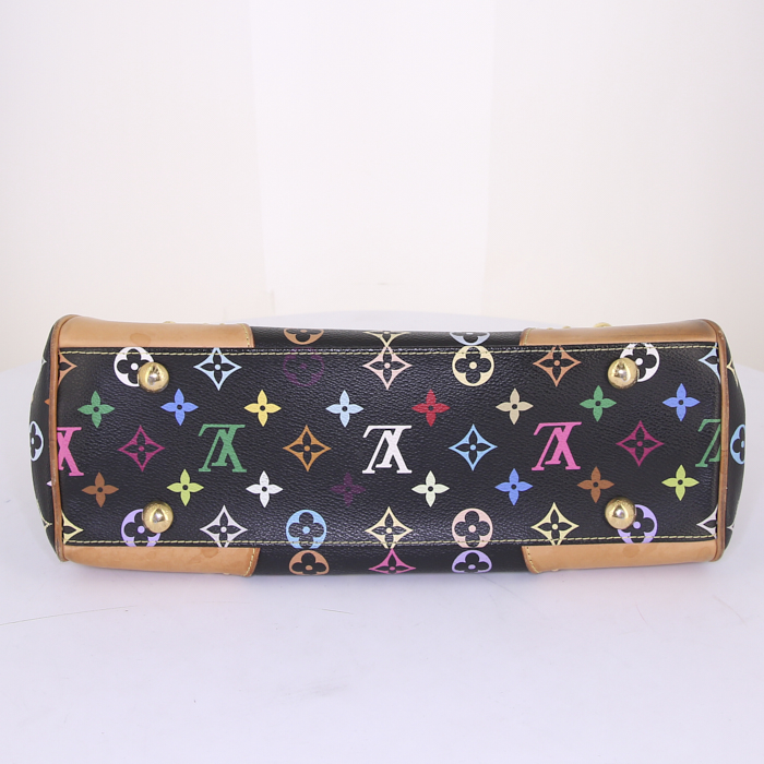 Borsa da spalla o a mano Louis Vuitton Beverly in tela monogram cerata multicolore nera e pelle naturale - Detail D4