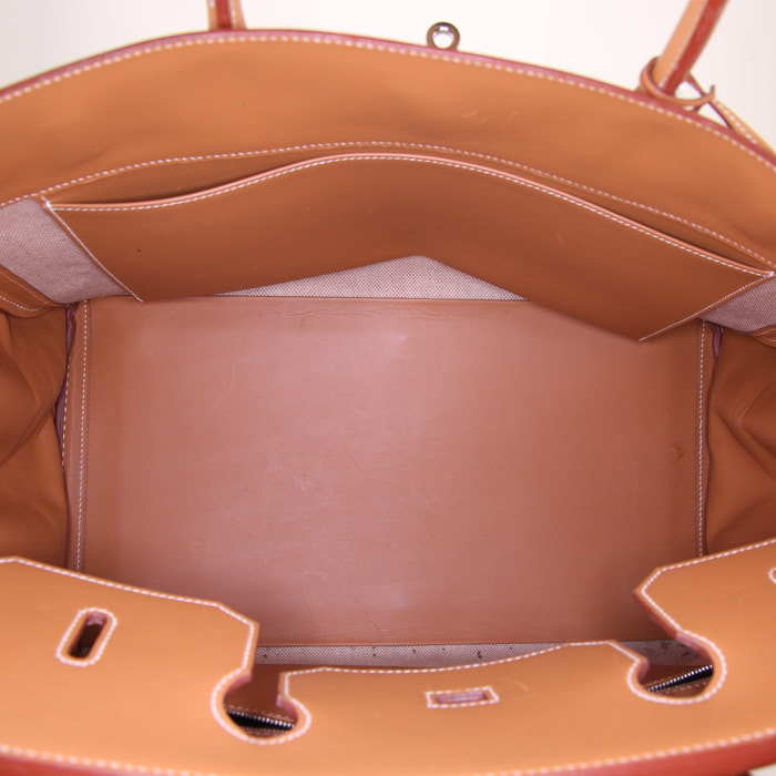 Hermes Birkin 40 cm handbag in gold smooth leather and beige canvas - Detail D2
