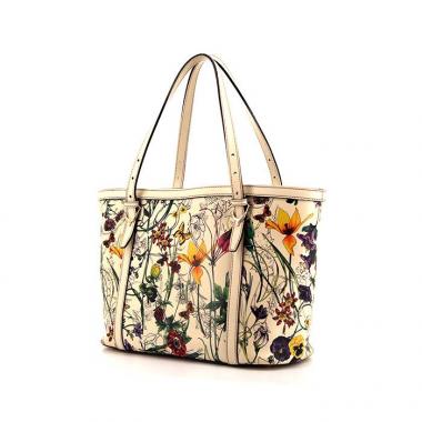 Shopping bag Gucci Nice in tela a fiori e pelle beige