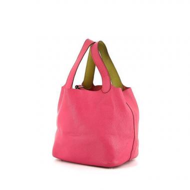 Bolso de mano Hermes Picotin modelo pequeño en cuero togo bicolor rosa y verde y junco verde