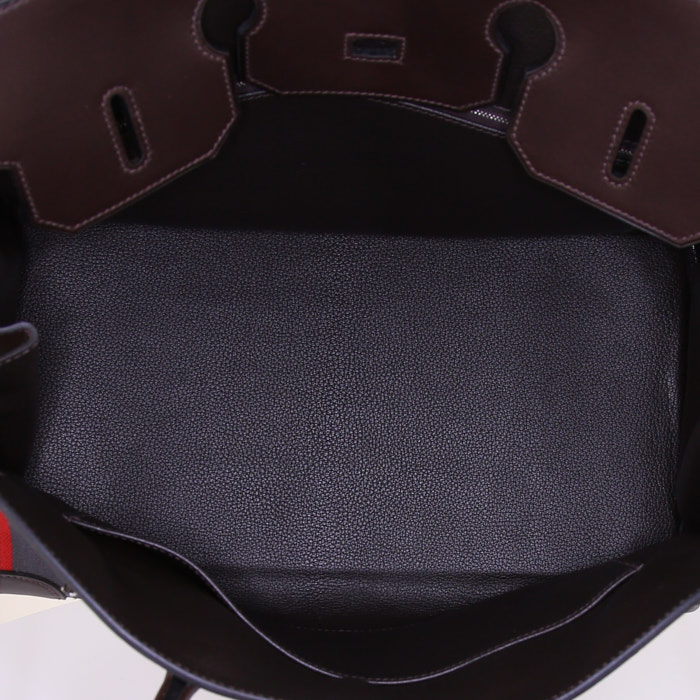 Borsa Hermes Birkin 35 cm in tela stampata con motivo a righe e pelle Barenia marrone - Detail D2