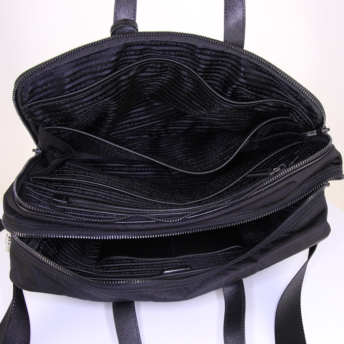Borsa portadocumenti Prada in tela nera e pelle saffiano nera - Detail D3