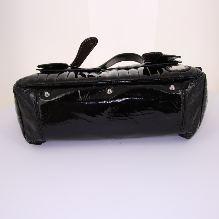 Chloé Bay handbag in black patent quilted leather and brown patent leather - Detail D4