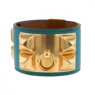 Brazalete Hermes Médor en oro chapado y cuero azul Lagon
