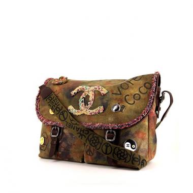 Borsa a tracolla Chanel in tela verde kaki con motivo