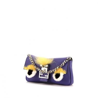 Fendi Mini Baguette mini shoulder bag in purple leather and yellow furr