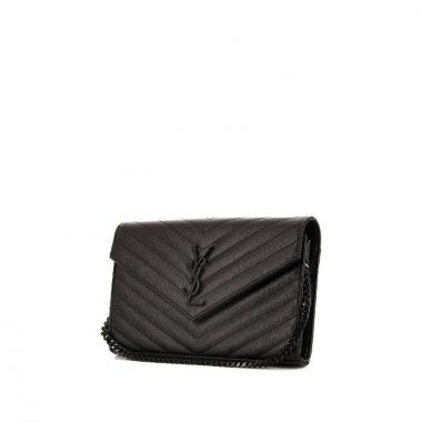 Borsa a tracolla Saint Laurent Wallet on Chain in pelle martellata nera con motivo a spina di pesce