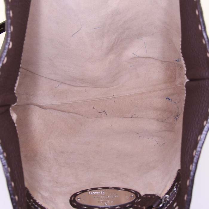 Sac cabas Fendi Selleria en cuir grainé marron - Detail D2