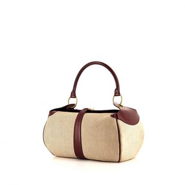 Bolso de mano Hermès  Rugby en lona beige y cuero box color burdeos