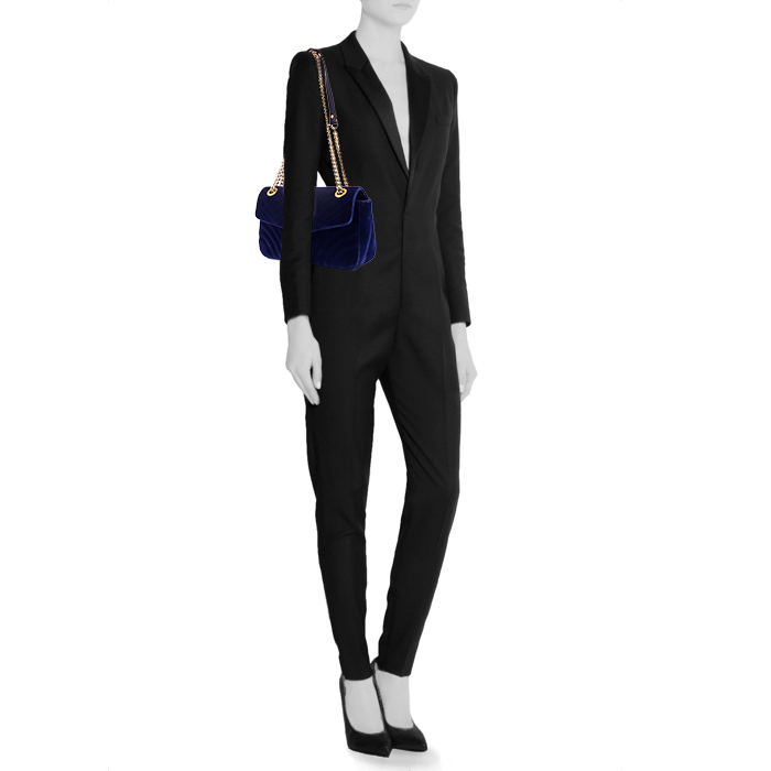 Borsa a tracolla Gucci GG Marmont in velluto trapuntato blu - Detail D1