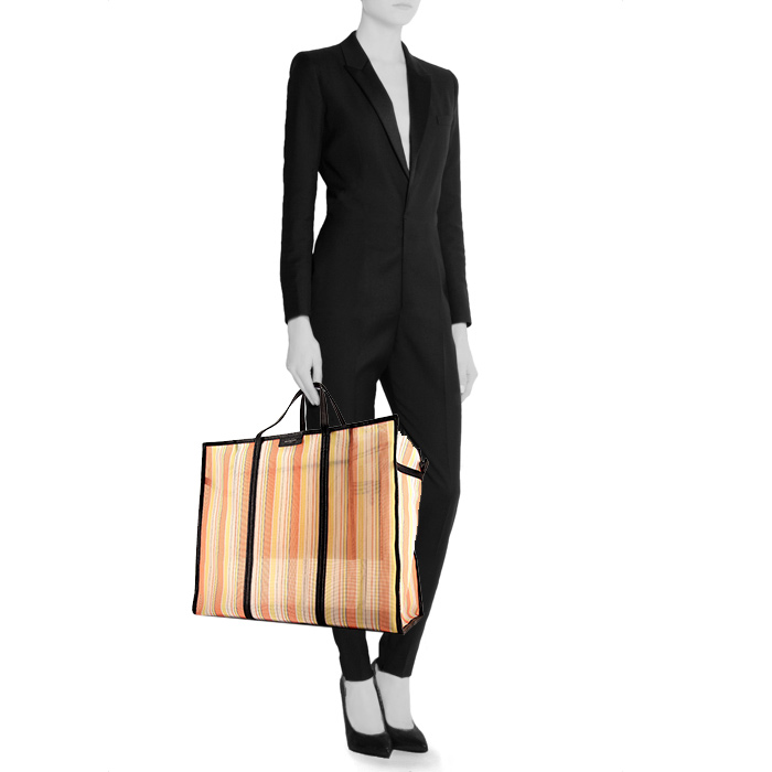 Sac cabas Balenciaga Bazar shopper taille XL en toile tricolore orange jaune et blanche et cuir noir - Detail D1