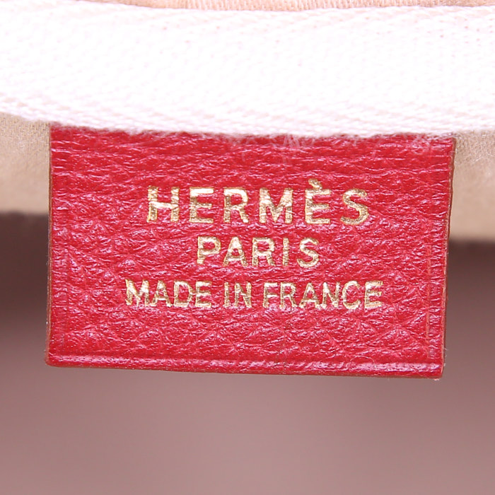 Borsa a tracolla Hermes Reporter in tela cerata beige e pelle rossa - Detail D3