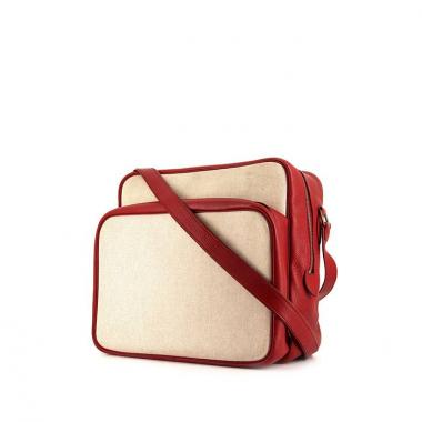 Borsa a tracolla Hermes Reporter in tela cerata beige e pelle rossa