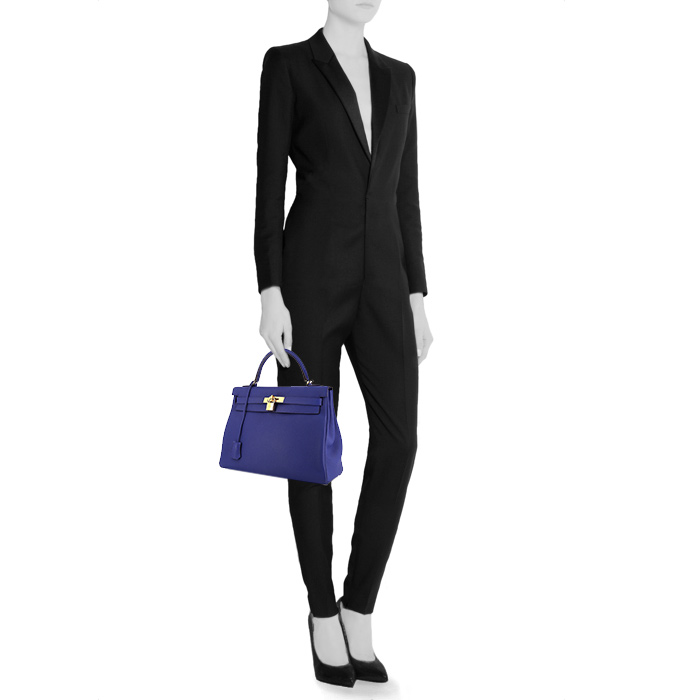 Sac à main Hermes Kelly 32 cm en cuir togo bleu - Detail D1
