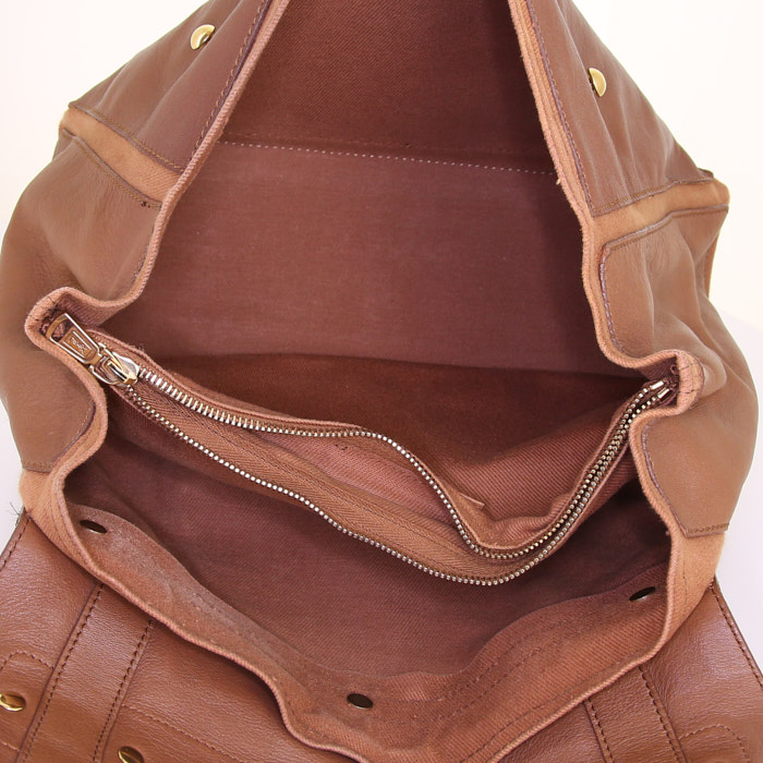 Yves Saint Laurent Muse Two handbag in brown leather and brown canvas - Detail D3