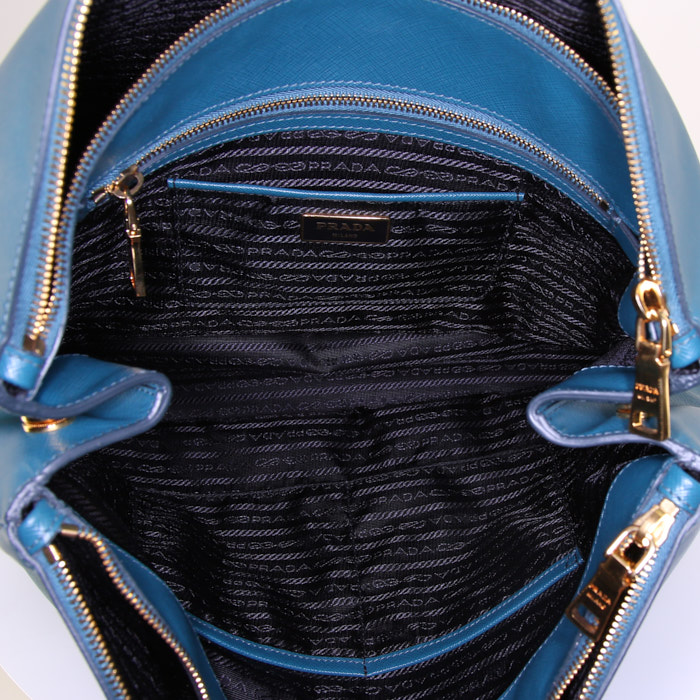 Shopping bag Prada Galleria modello grande in pelle saffiano blu verde - Detail D2