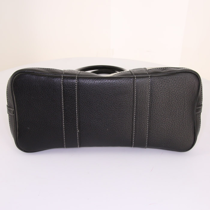 Sac cabas Hermes Garden en toile grise et cuir noir - Detail D4