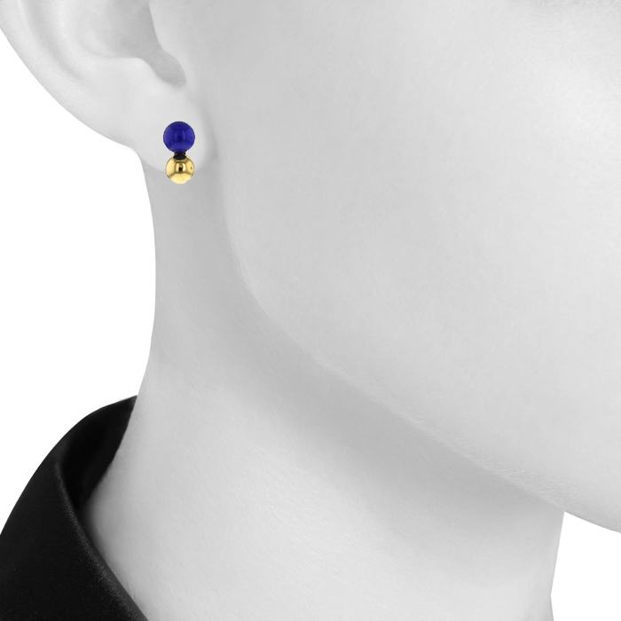 Vintage 1990's small earrings in yellow gold and lapis-lazuli - Detail D1